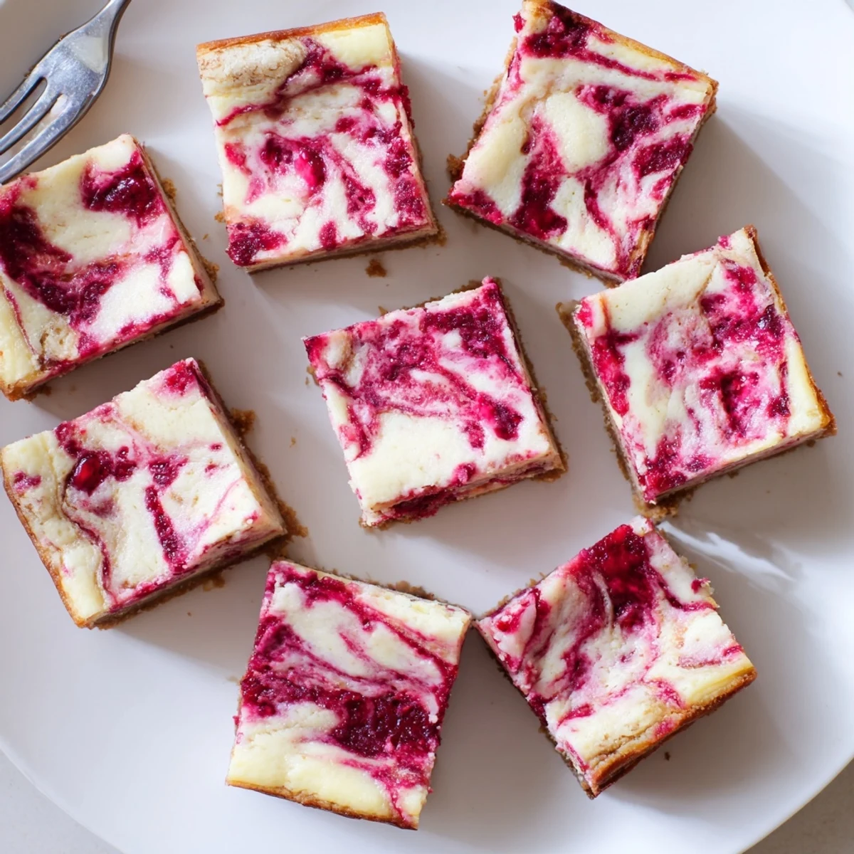 Freshly baked Raspberry White Chocolate Cheesecake Bars with a marbled pink swirl and creamy white chocolate chunks on a golden graham cracker crust, ready to serve.