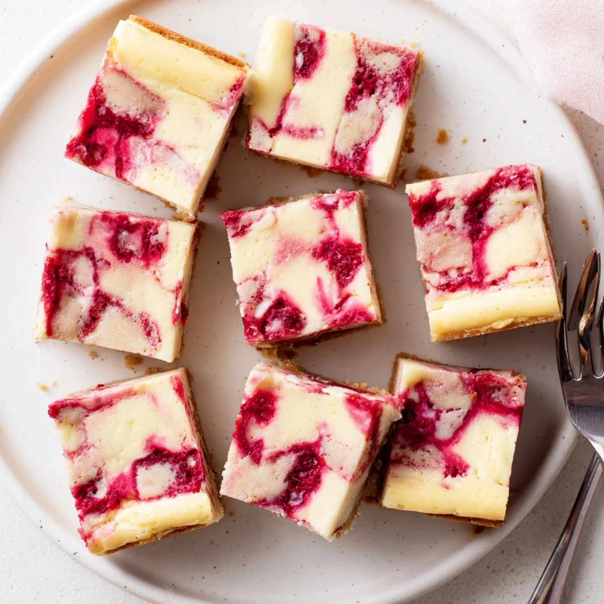 Homemade Raspberry White Chocolate Cheesecake Bars, featuring a smooth filling, tangy berry sauce, and a buttery crust, perfect for a sweet dessert treat.