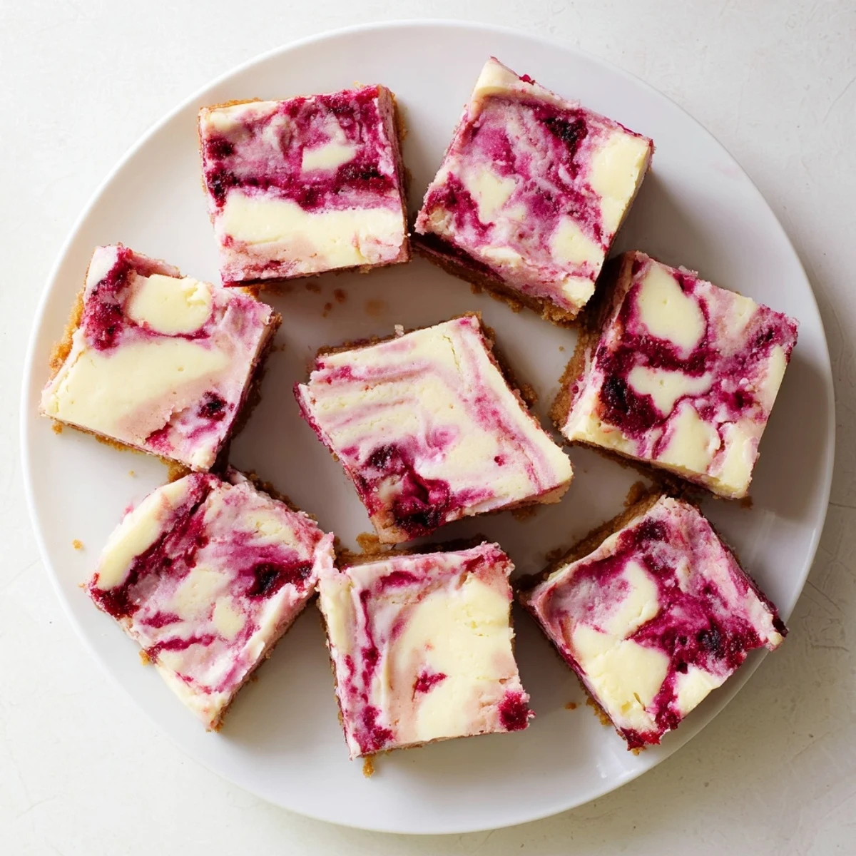 Rich and creamy cheesecake bars topped with a vibrant raspberry swirl and white chocolate pieces, cut into neat squares on a rustic wooden board.
