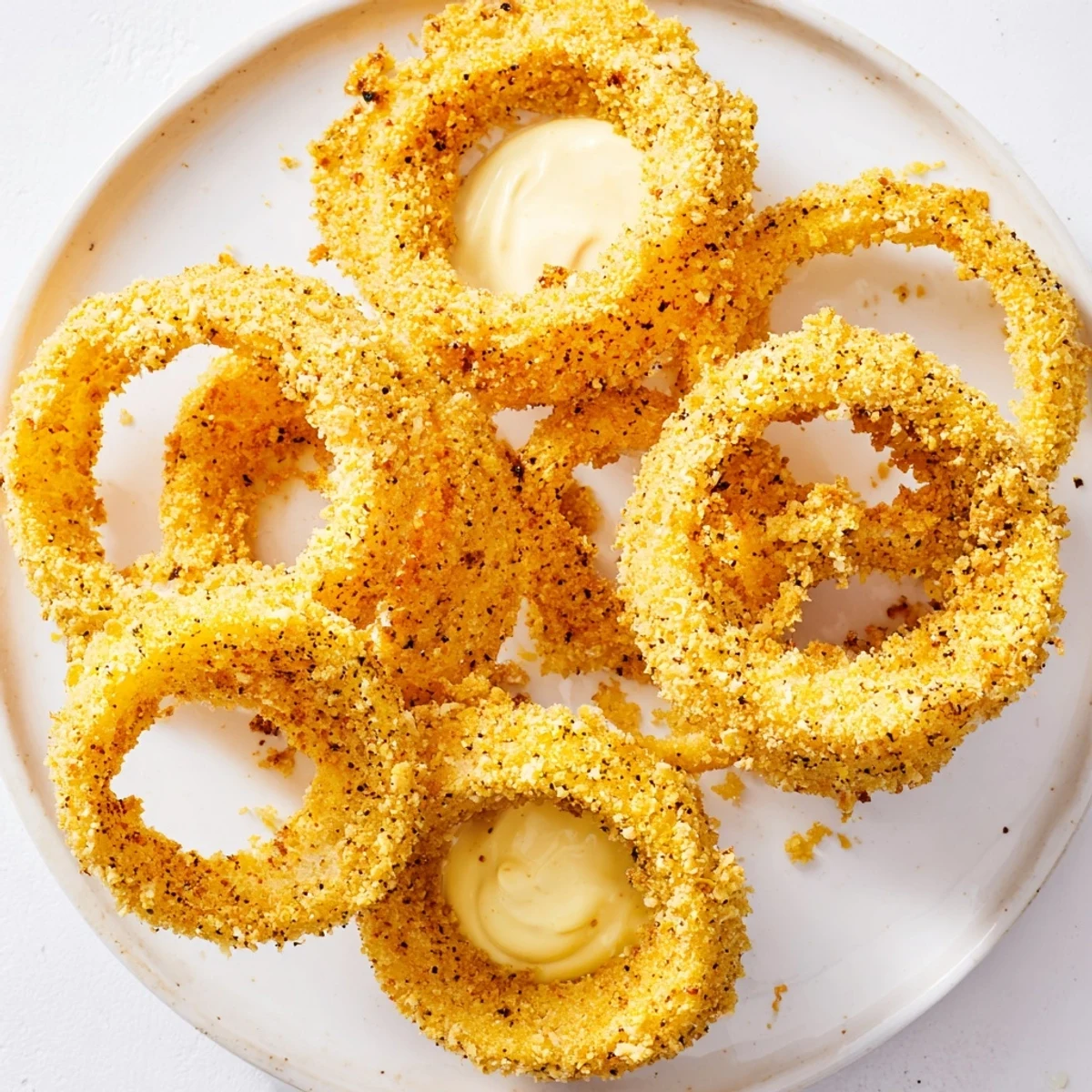 Golden Crispy Air Fryer Onion Rings with Dip make a perfect appetizer, arranged on a platter ready to share.