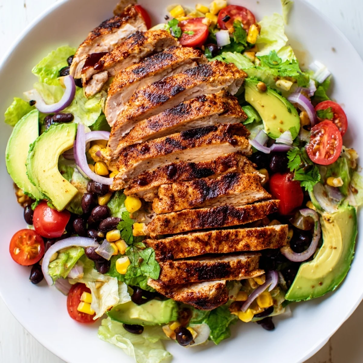 Freshly grilled chicken slices rest atop romaine lettuce, black beans, corn, and avocado for this Southwest Chicken Salad. 