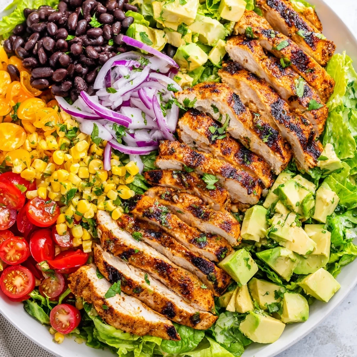 Chopped romaine, cherry tomatoes, and red onion are tossed with zesty lime dressing in a colorful Southwest Chicken Salad bowl. 