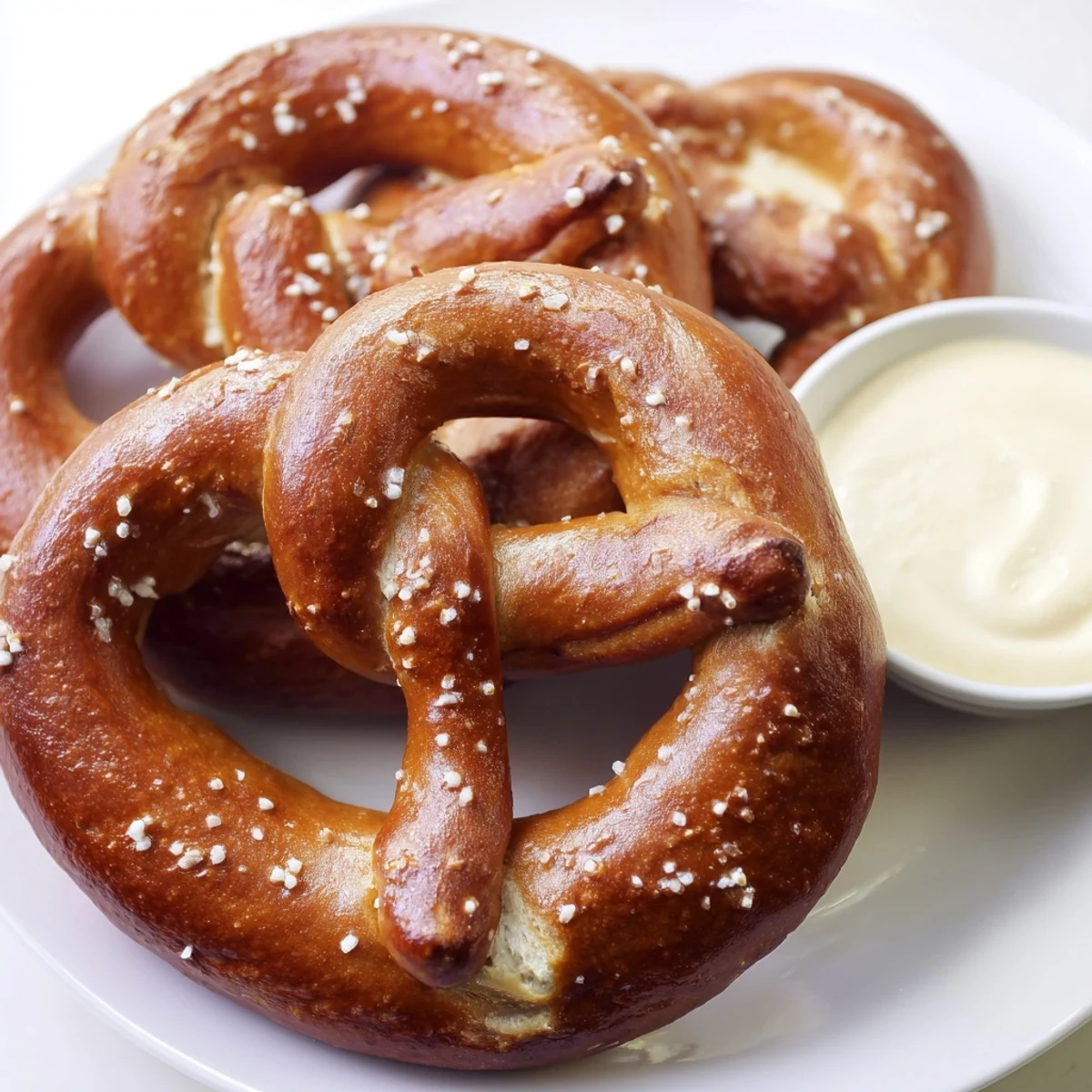 Freshly shaped pretzels cooling on a wire rack beside a warm, velvety cheese dip, perfect for sharing.  