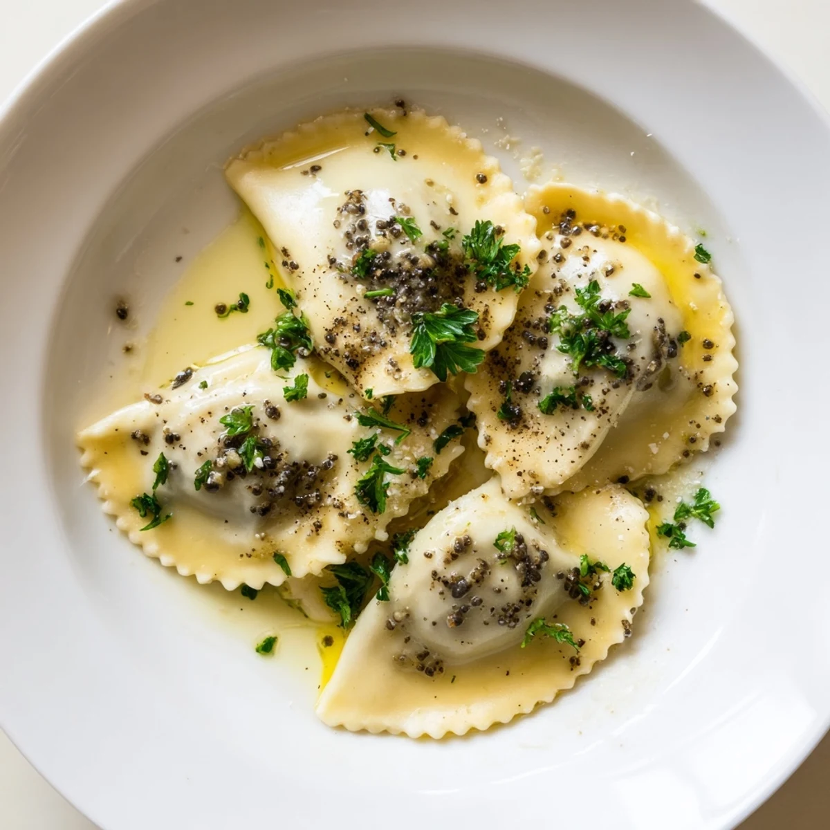 Homemade Date Night Mushroom Ravioli with Truffle Oil, garnished with fresh parsley on a romantic dinner plate.