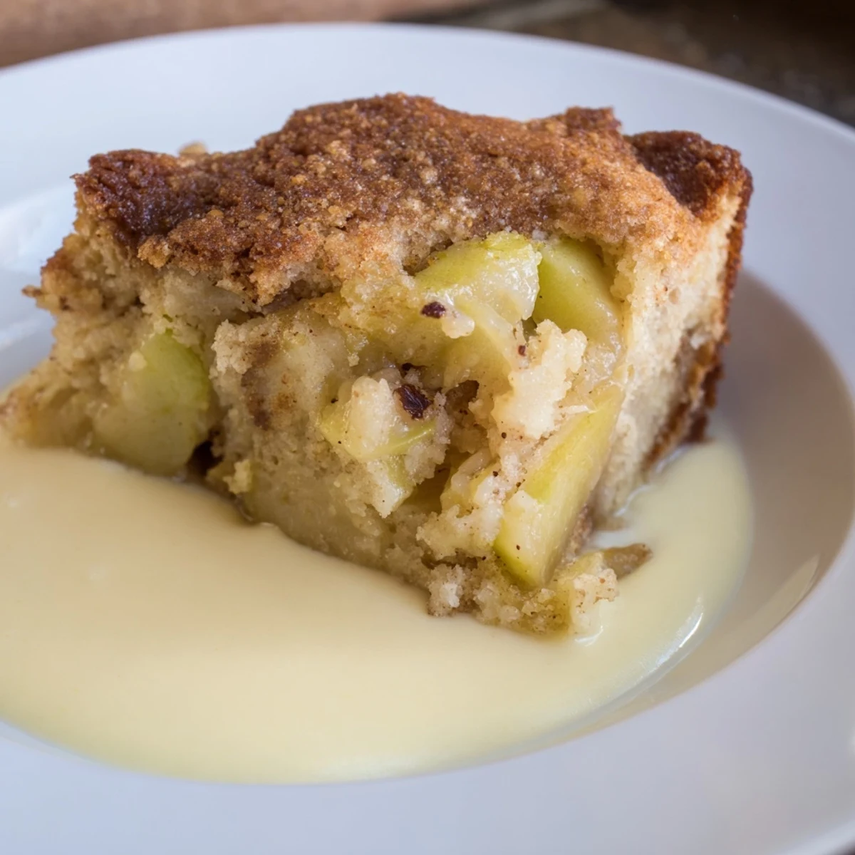 Freshly baked Irish Apple Cake with Custard, featuring a golden sugar crust on tender spiced cake, served warm with a generous drizzle of creamy vanilla custard.