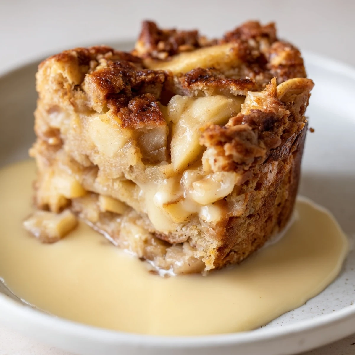 A close-up slice of Irish Apple Cake with Custard, revealing moist crumb and soft apple chunks, paired with rich, velvety custard on a rustic plate.