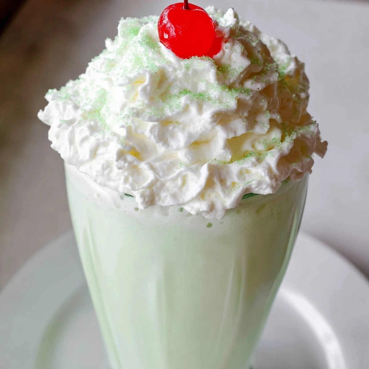 Close-up of creamy Shamrock Shake with Whipped Cream, showcasing minty texture and a maraschino cherry.