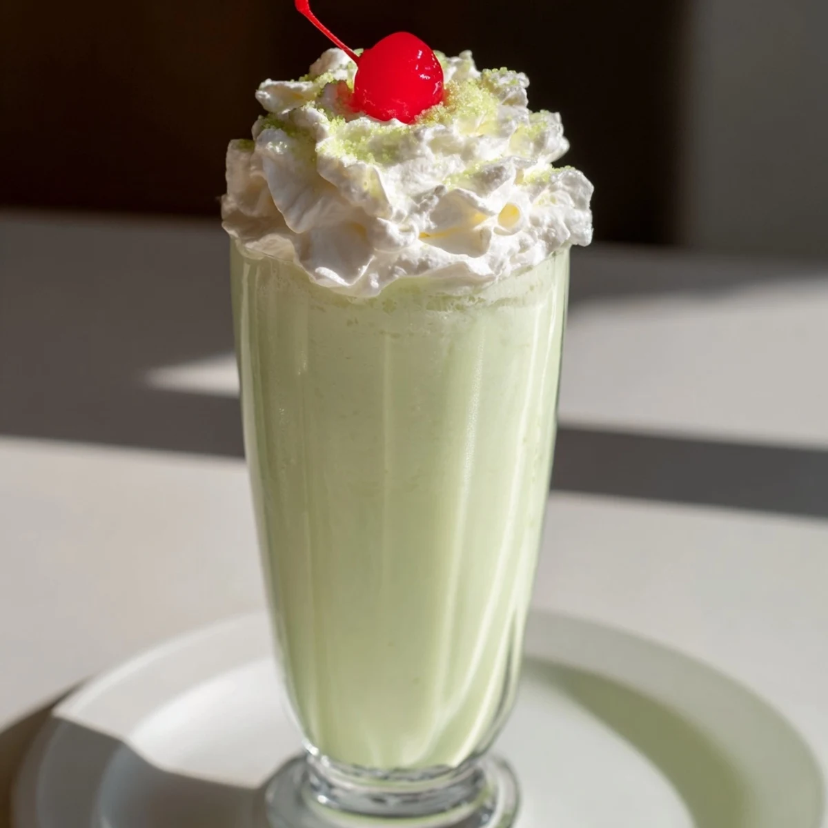 Two festive glasses of Shamrock Shake with Whipped Cream served with straws on a green backdrop.