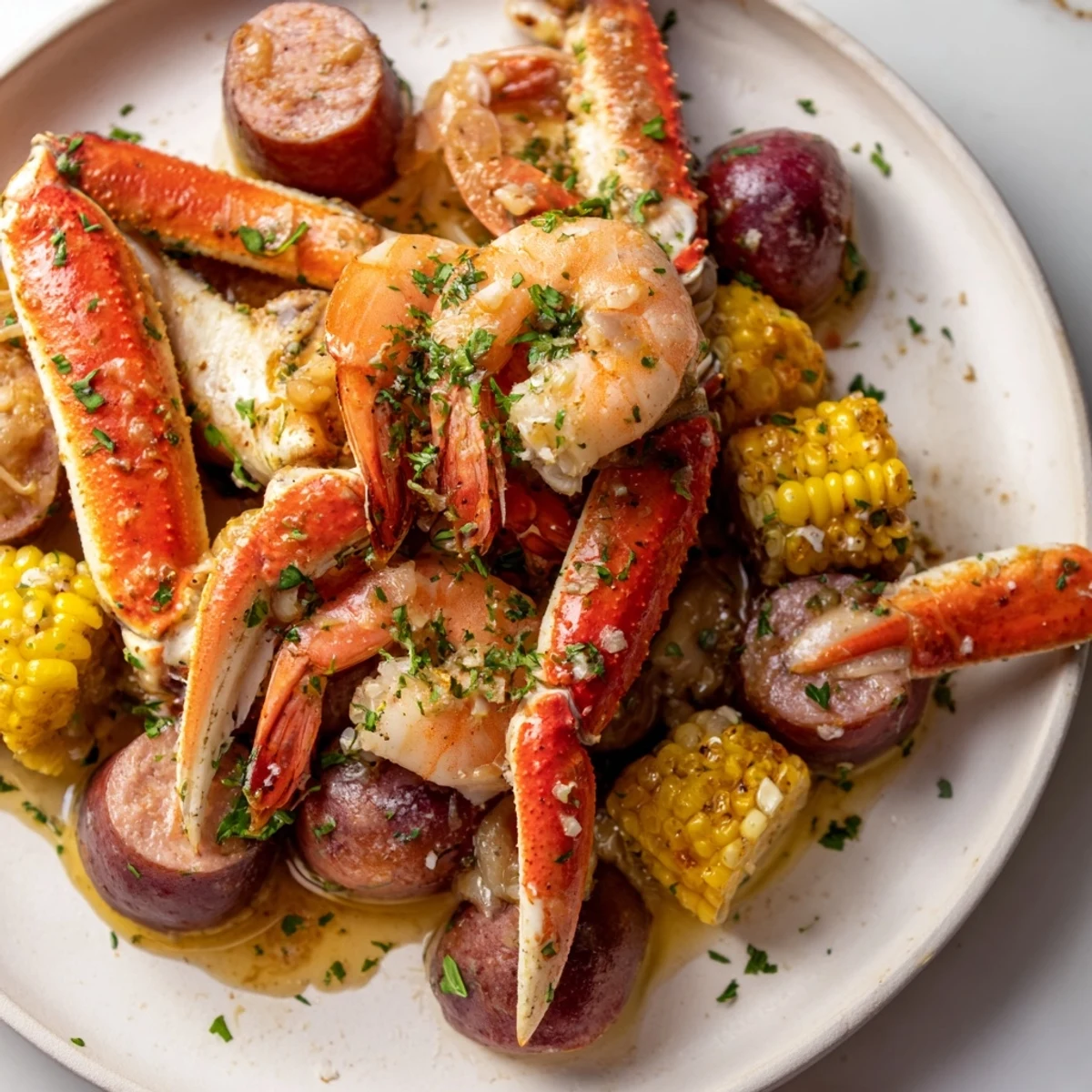Golden Creole Seafood Boil with corn, potatoes, andouille sausage, and shrimp in a steaming broth, served family-style.
