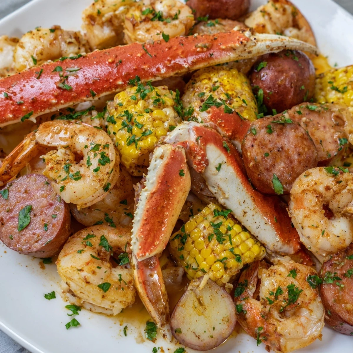 Steamy Creole Seafood Boil with crab legs, potatoes, and corn on a rustic platter with lemon wedges.