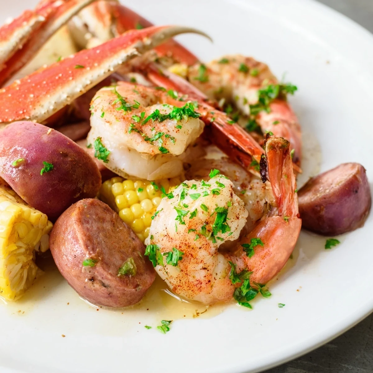 Platter of Creole Seafood Boil with shrimp, crab, corn, and potatoes, garnished with parsley and melted butter.