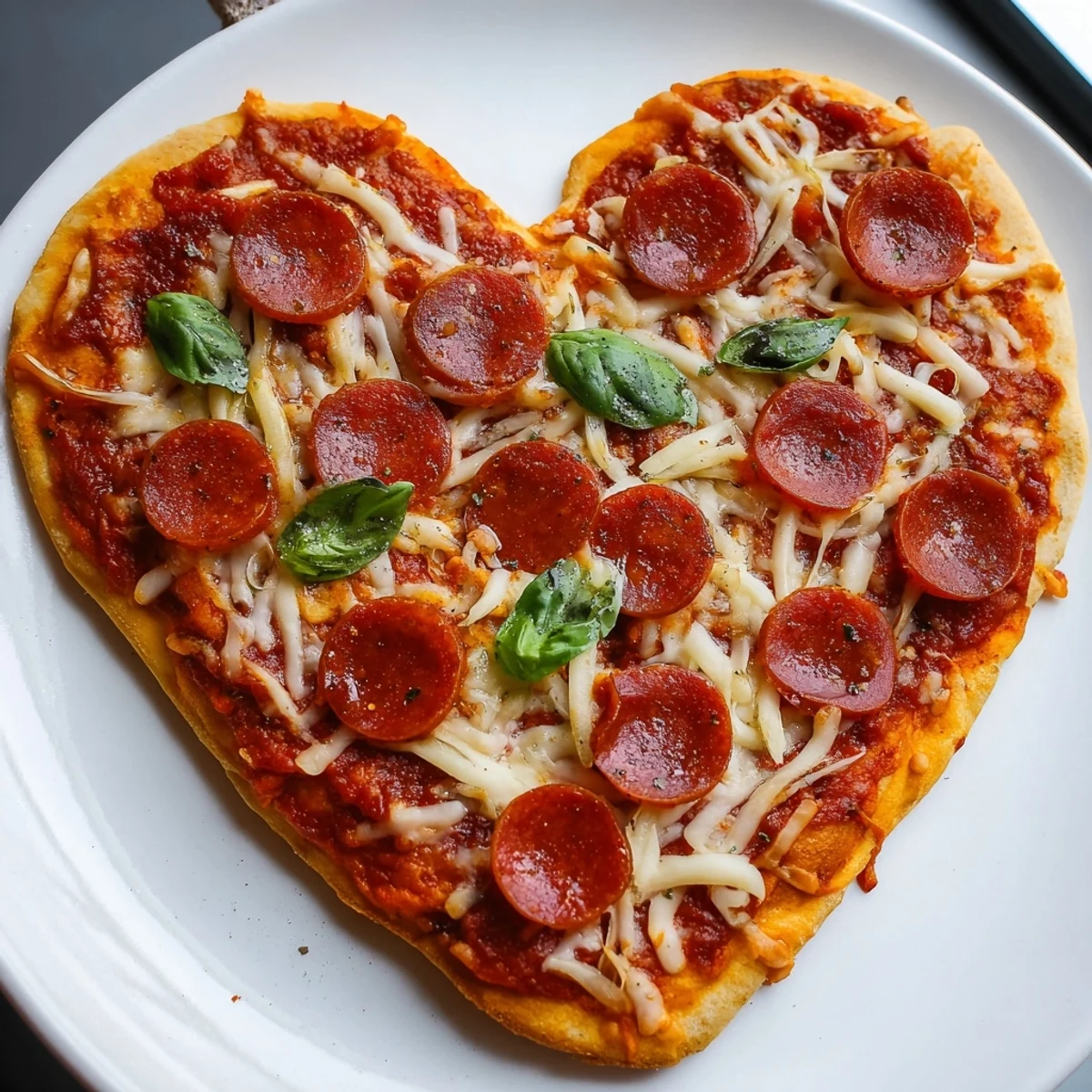 Freshly baked Heart-Shaped Halal Pepperoni Pizza with golden, crisp crust and bubbling mozzarella cheese.