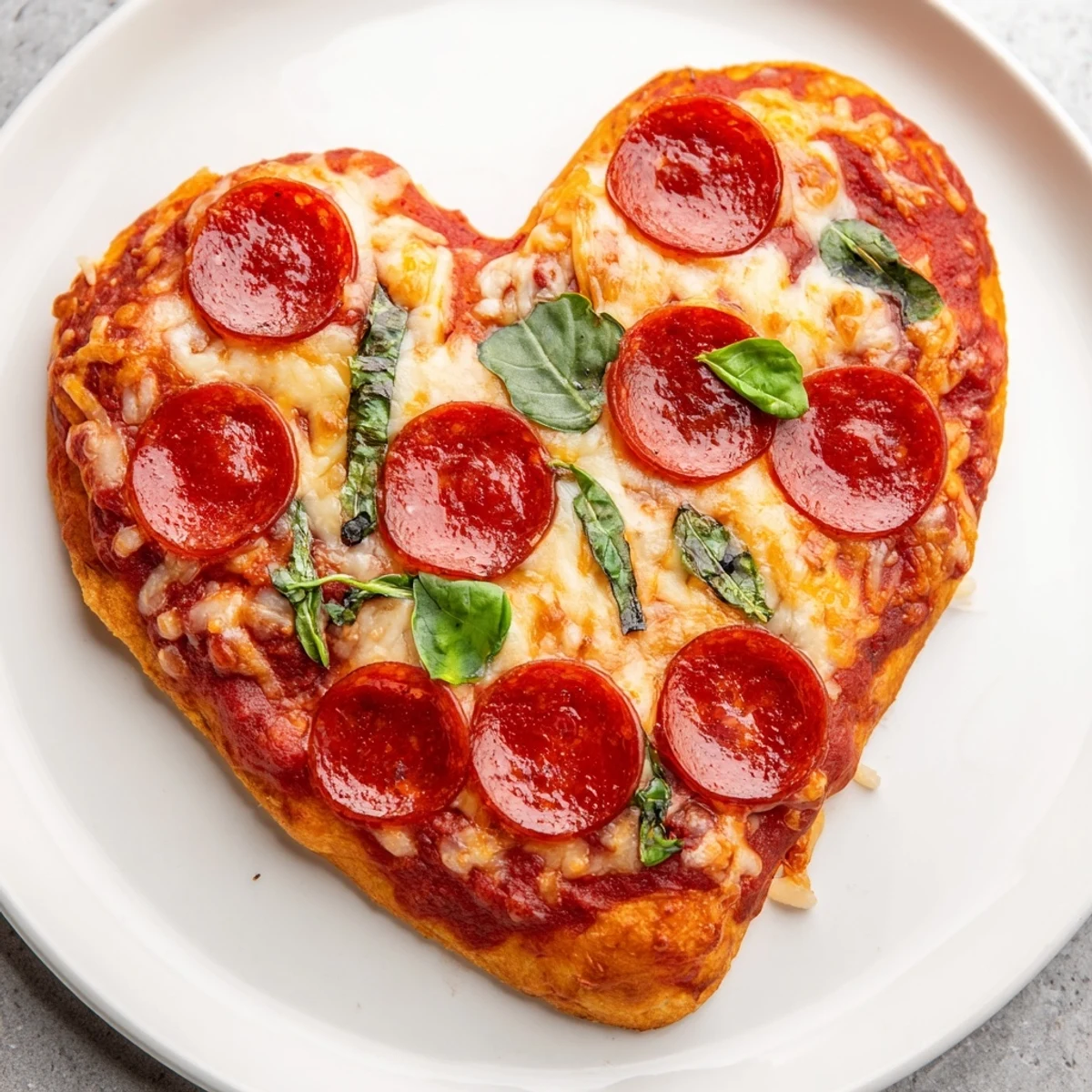 Golden-brown Heart-Shaped Halal Pepperoni Pizza on a rustic wooden cutting board with fresh basil garnish.
