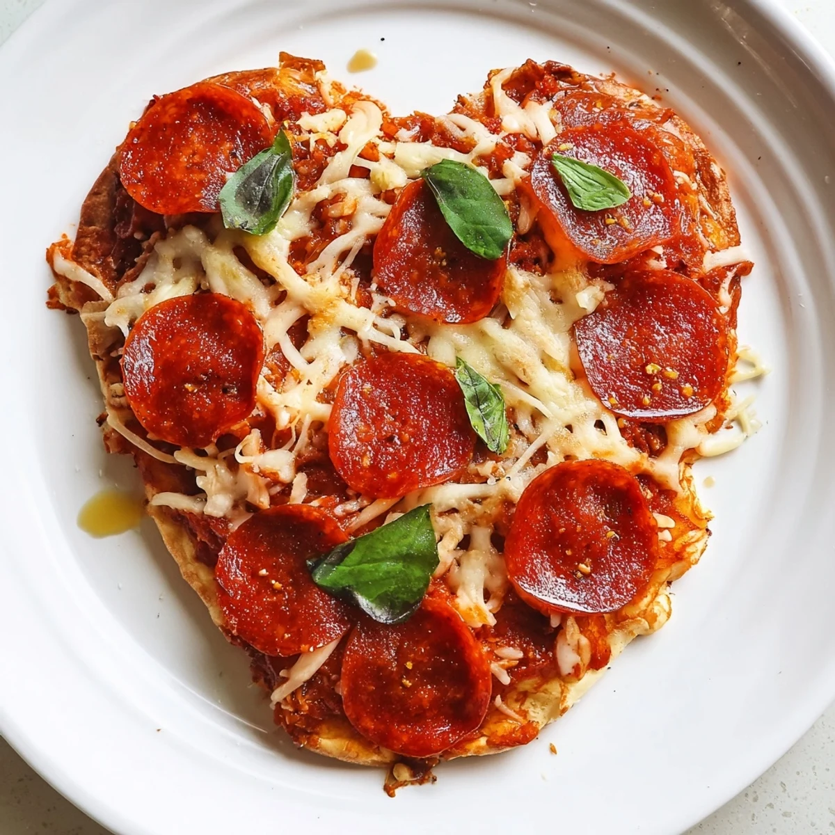 Sizzling Heart-Shaped Halal Pepperoni Pizza fresh from the oven, served on a marble countertop.