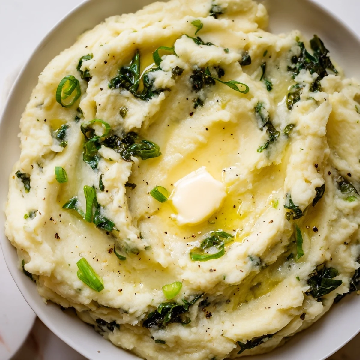 Creamy Irish Colcannon Mashed Potatoes with Kale topped with melted butter, served alongside roasted meat.