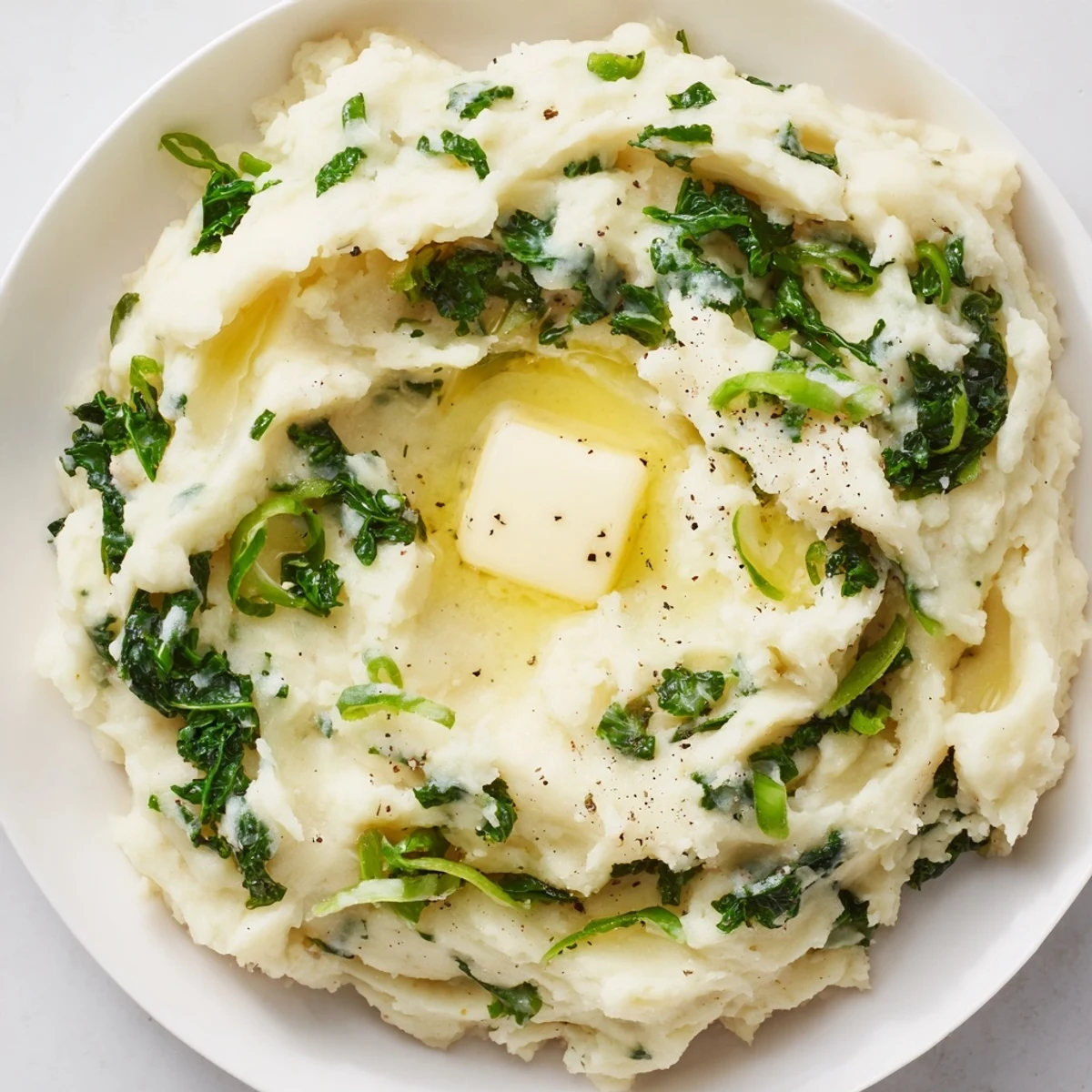 Fluffy Irish Colcannon Mashed Potatoes with Kale mixed with scallions, steam rising from the rustic wooden bowl.