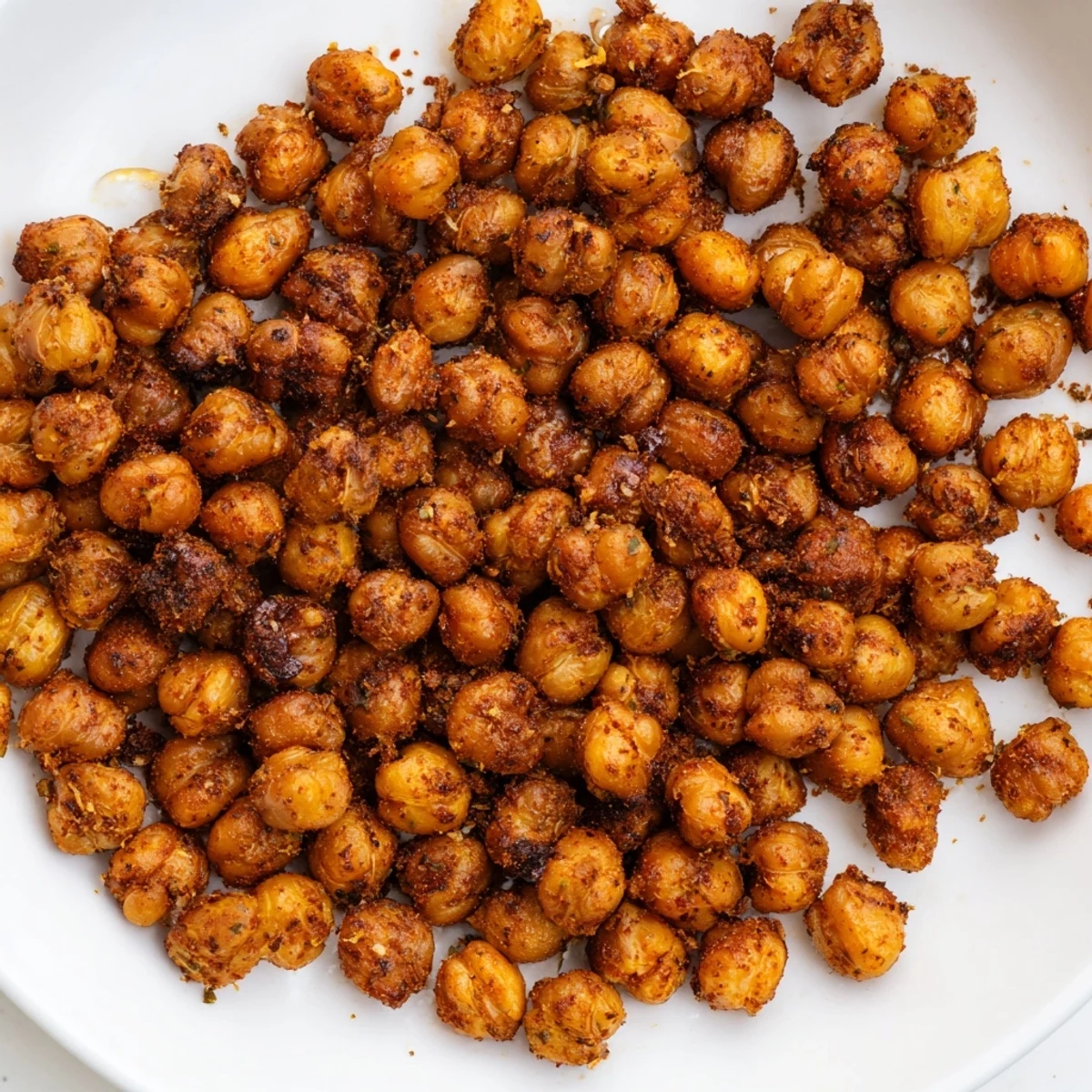 Golden-brown Cajun Spiced Roasted Chickpeas in a white bowl with lemon wedges.
