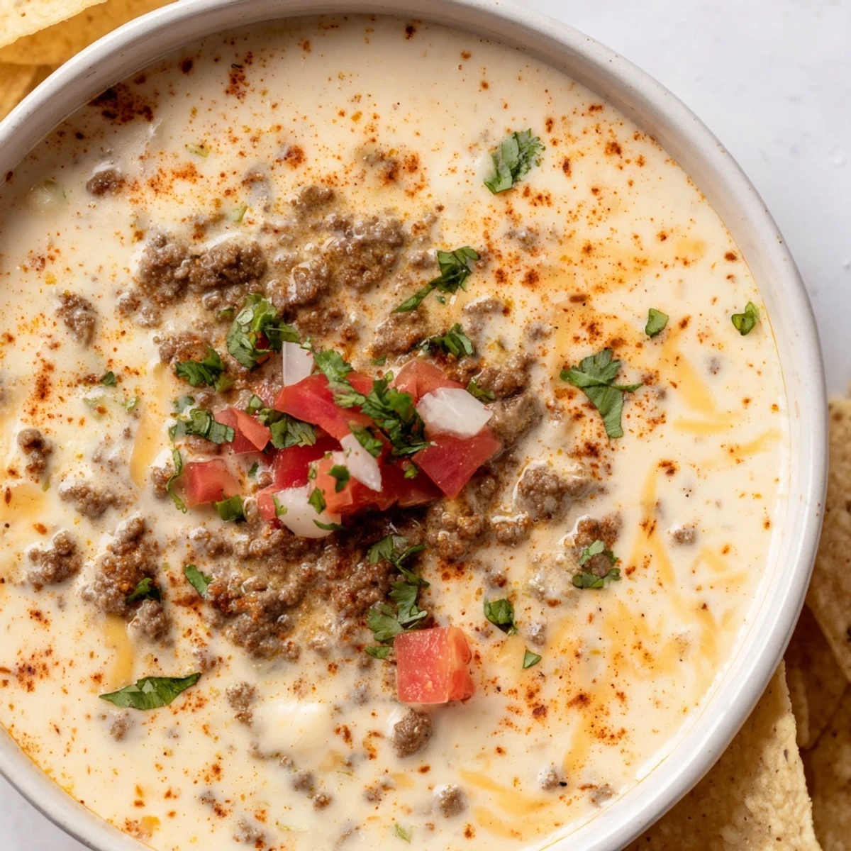 Creamy Beef Queso Dip with Tortilla Chips, topped with fresh cilantro and diced tomatoes, served warm in a rustic bowl.