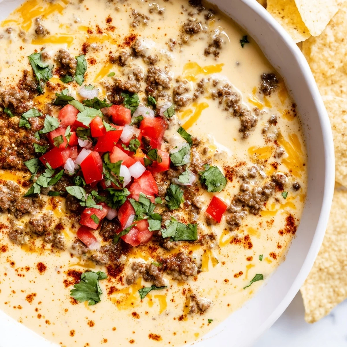 Seasoned ground beef melts into cheddar and Velveeta in this savory Beef Queso Dip with Tortilla Chips, perfect for game day.