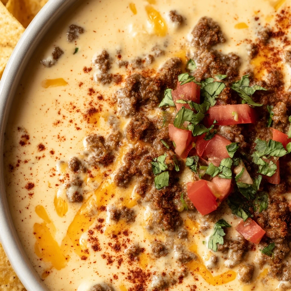 Spicy Beef Queso Dip with Tortilla Chips garnished with jalapeños and cilantro, ready for dipping at a Tex-Mex party.