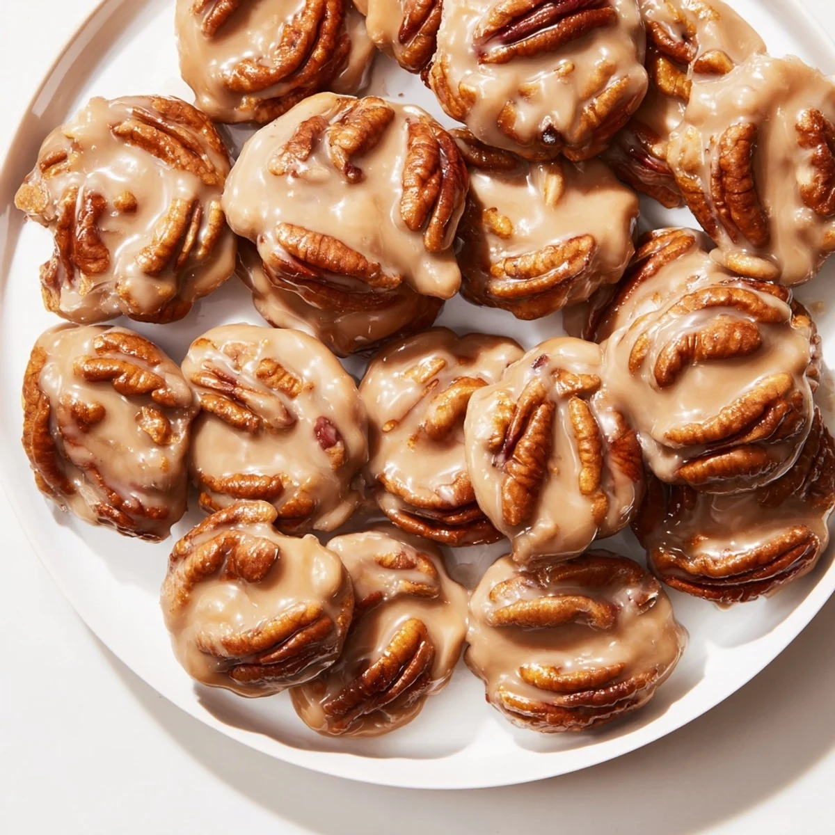 Close-up of Mardi Gras Pecan Pralines, showcasing gooey caramel and crunchy pecan halves on a rustic table.