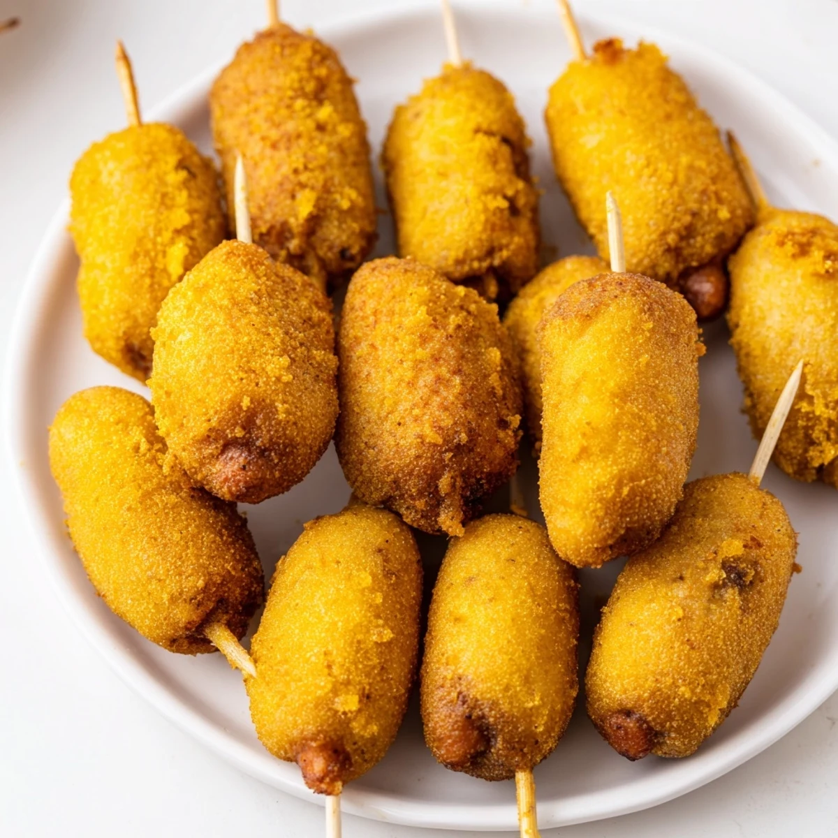 Golden Mini Corn Dogs with Beef Franks arranged on a platter with mustard and ketchup.
