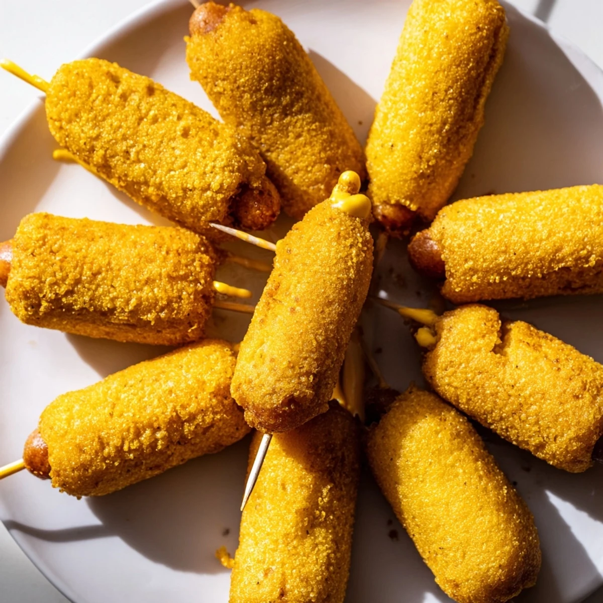 Mini Corn Dogs with Beef Franks on a paper-lined tray with toothpicks, ideal party snack.