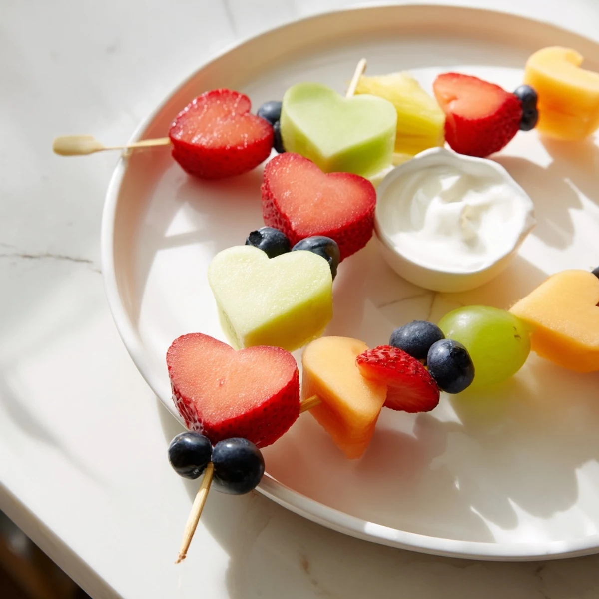 Brightly colored heart-shaped fruit skewers with Sweetheart Fruit Skewers with Yogurt Dip served on a white platter.