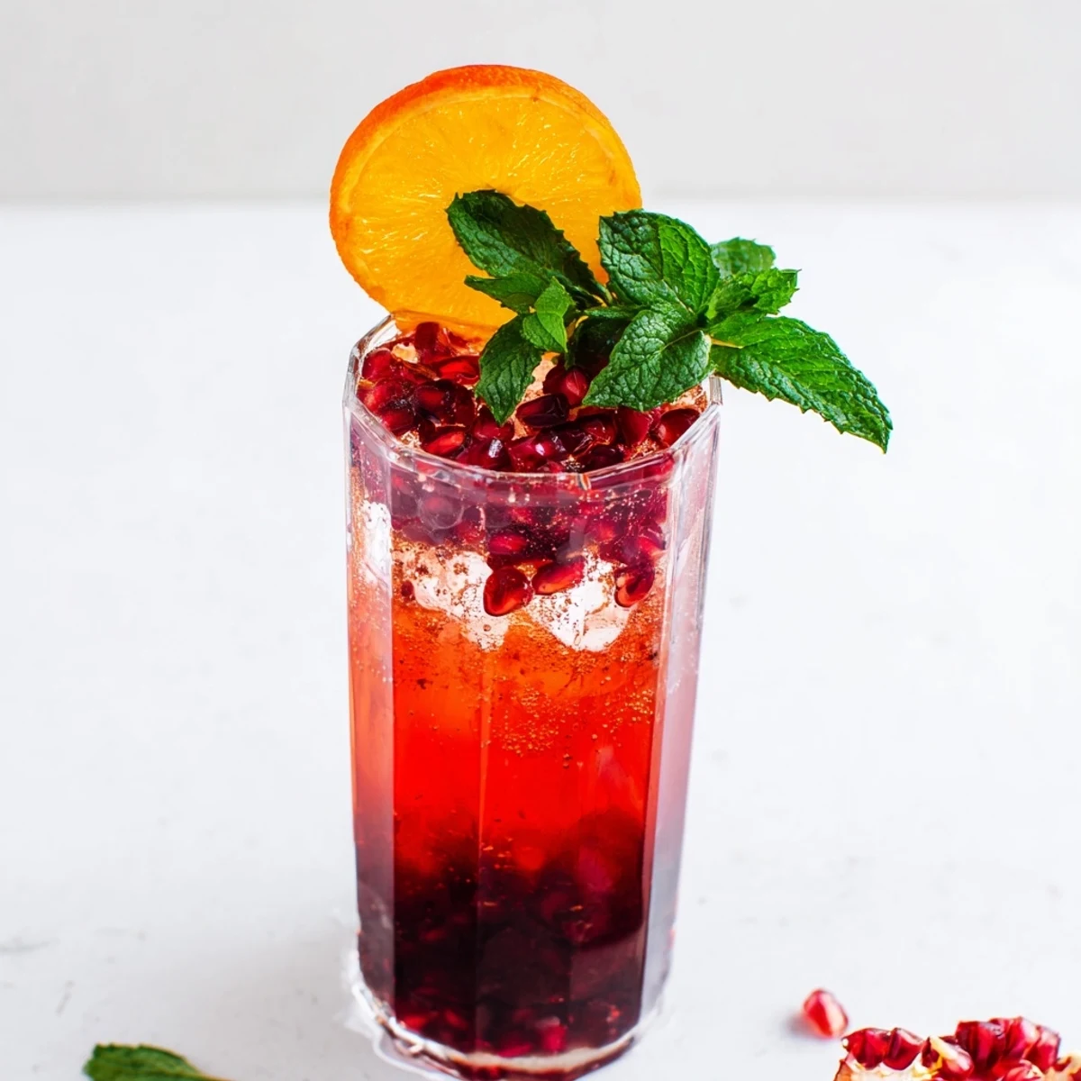 Two servings of Love Potion Pomegranate Fizz, pomegranate seeds and lemon garnish on chilled sparkling water.