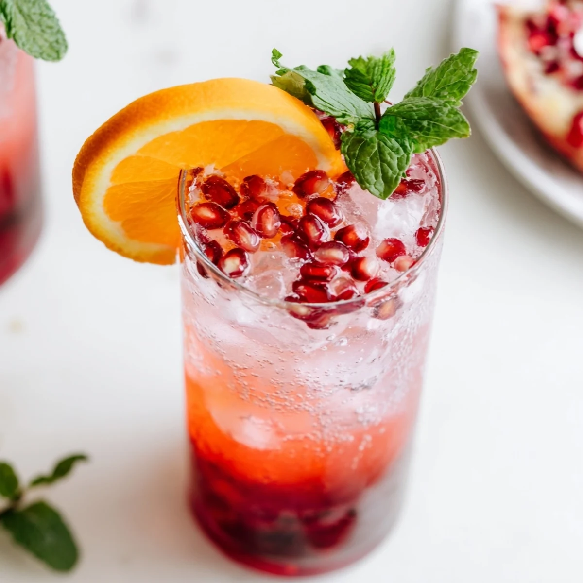 Non-alcoholic Love Potion Pomegranate Fizz, vibrant color, ice cubes, and mint sprigs for a romantic toast.