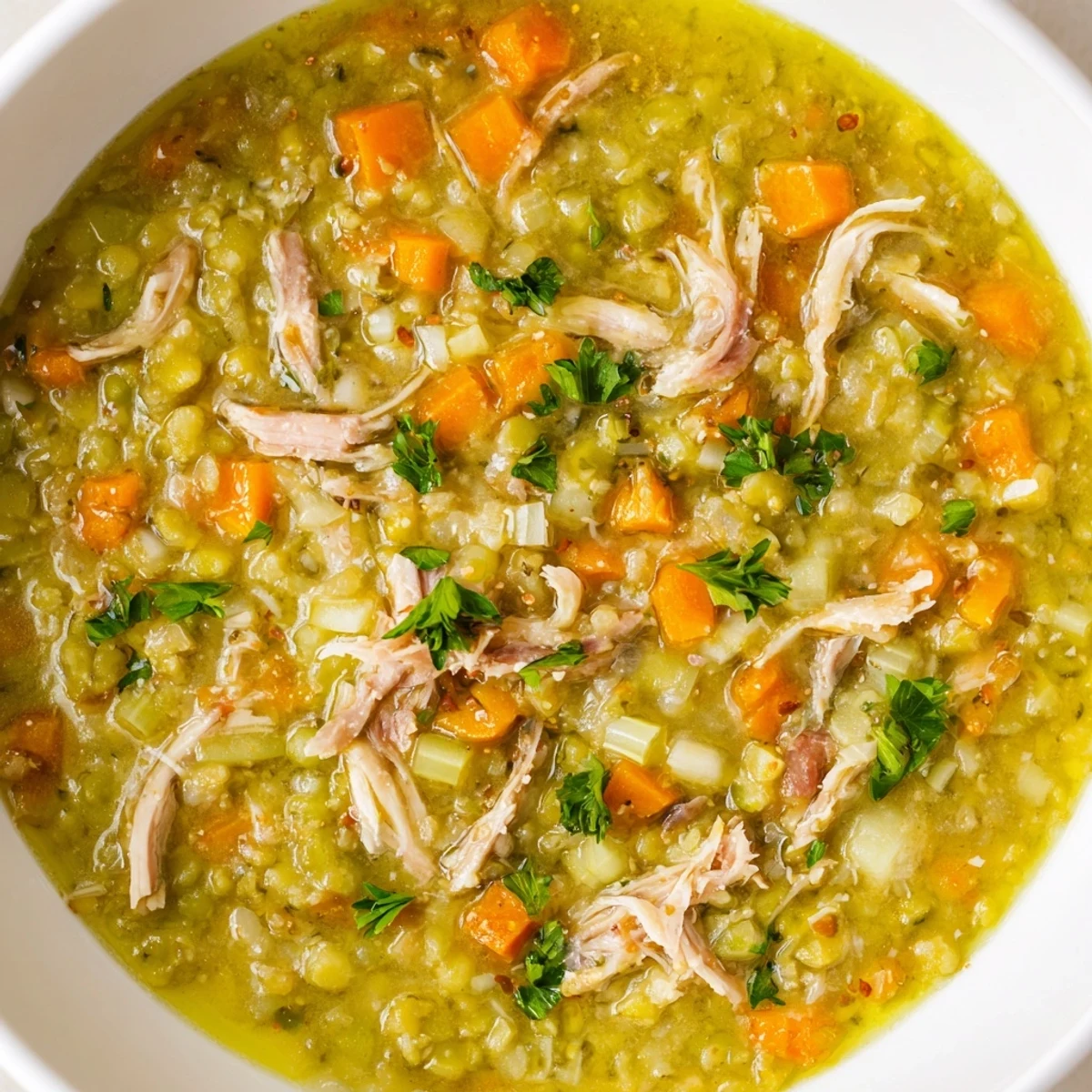 Thick Green Split Pea Soup with Smoked Turkey ladled into a rustic bowl, garnished with fresh parsley.