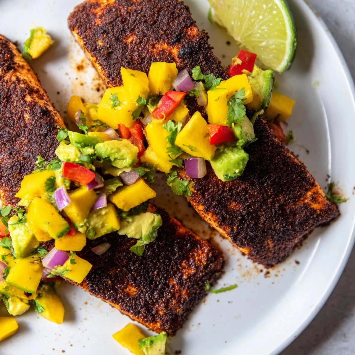 Juicy, spice-crusted Blackened Salmon with Mango Avocado Salsa sits atop fluffy white rice, garnished with fresh lime wedges.