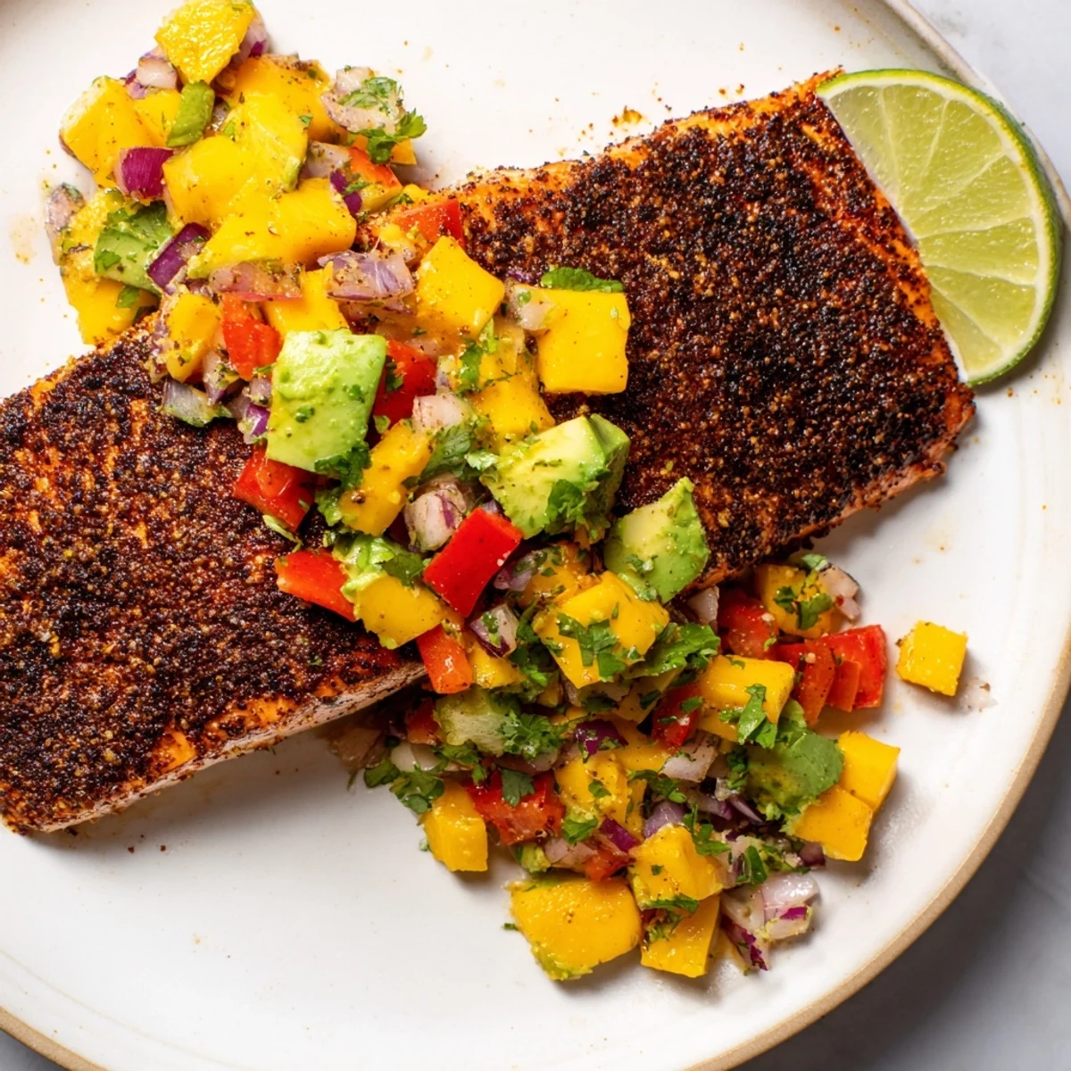 Sizzling blackened salmon fillet fresh from the skillet, topped with bright mango avocado salsa, served over a bed of greens.