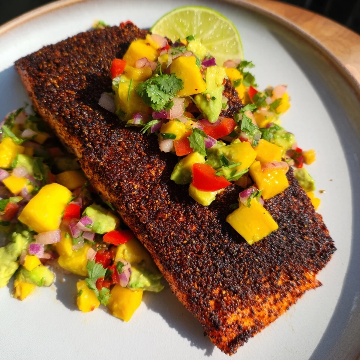 Tender salmon fillet features a dark, smoky crust, crowned with vibrant diced mango and avocado salsa and chopped cilantro.