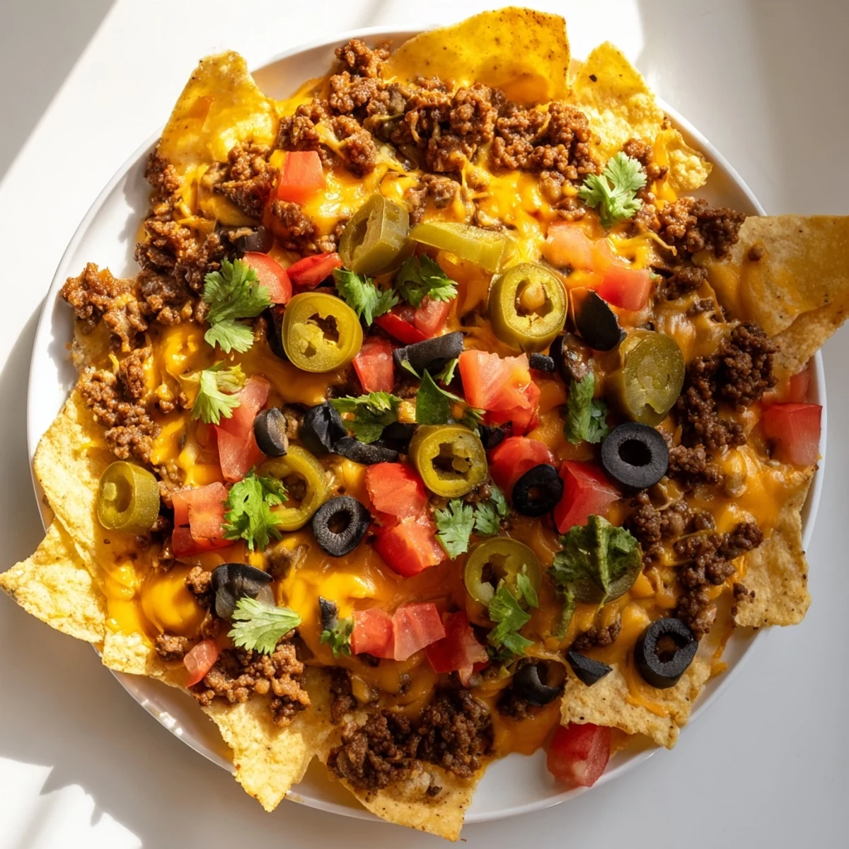 Golden melted cheddar and Monterey Jack cheese blankets a steaming platter of Nacho Platter with Ground Beef and Cheese, topped with fresh diced tomatoes and pickled jalapeños.