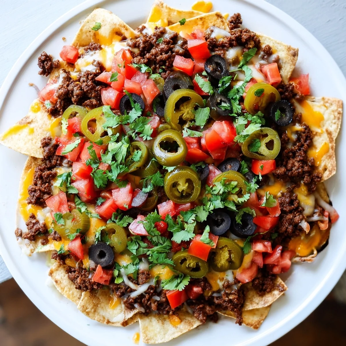 Party-ready Nacho Platter with Ground Beef and Cheese features loaded Tex-Mex toppings, creamy guacamole, and sour cream on the side for the ultimate game day snack.