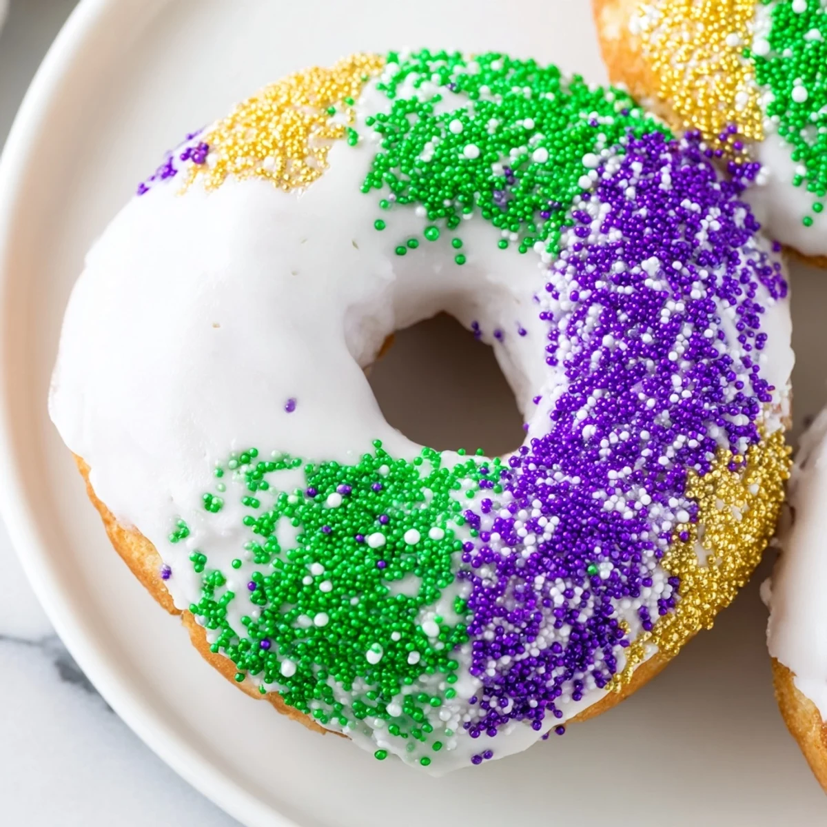 Golden fried Mardi Gras donuts, fresh from the oil, glistening with a white vanilla icing and sparkling purple, green, and gold sugars.