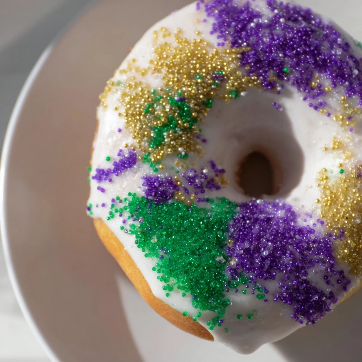 A close-up of fluffy New Orleans-style Mardi Gras donuts, topped with vibrant colored sugar and ready to enjoy with hot coffee.