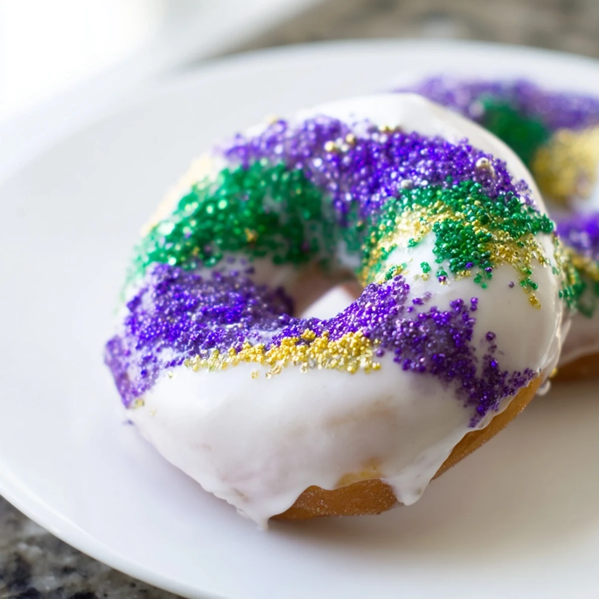 Freshly glazed Mardi Gras donuts on a cooling rack, showcasing a sweet vanilla coating and festive purple, green, and gold toppings.