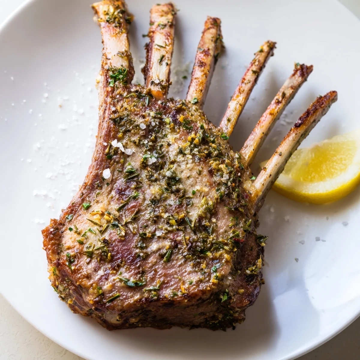Fragrant rosemary and thyme herbs coat the golden-brown rack of lamb, resting beside roasted potatoes on a rustic wooden serving board.