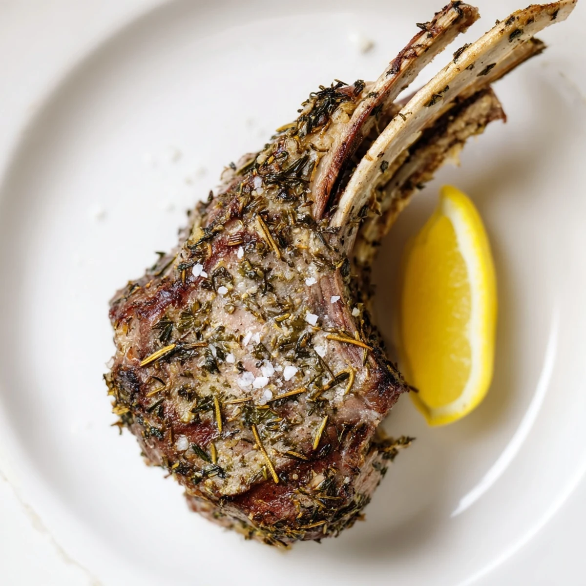 A freshly roasted rack of lamb, glistening with herb crust, sliced into juicy chops served with lemon wedges for a French-inspired main dish.