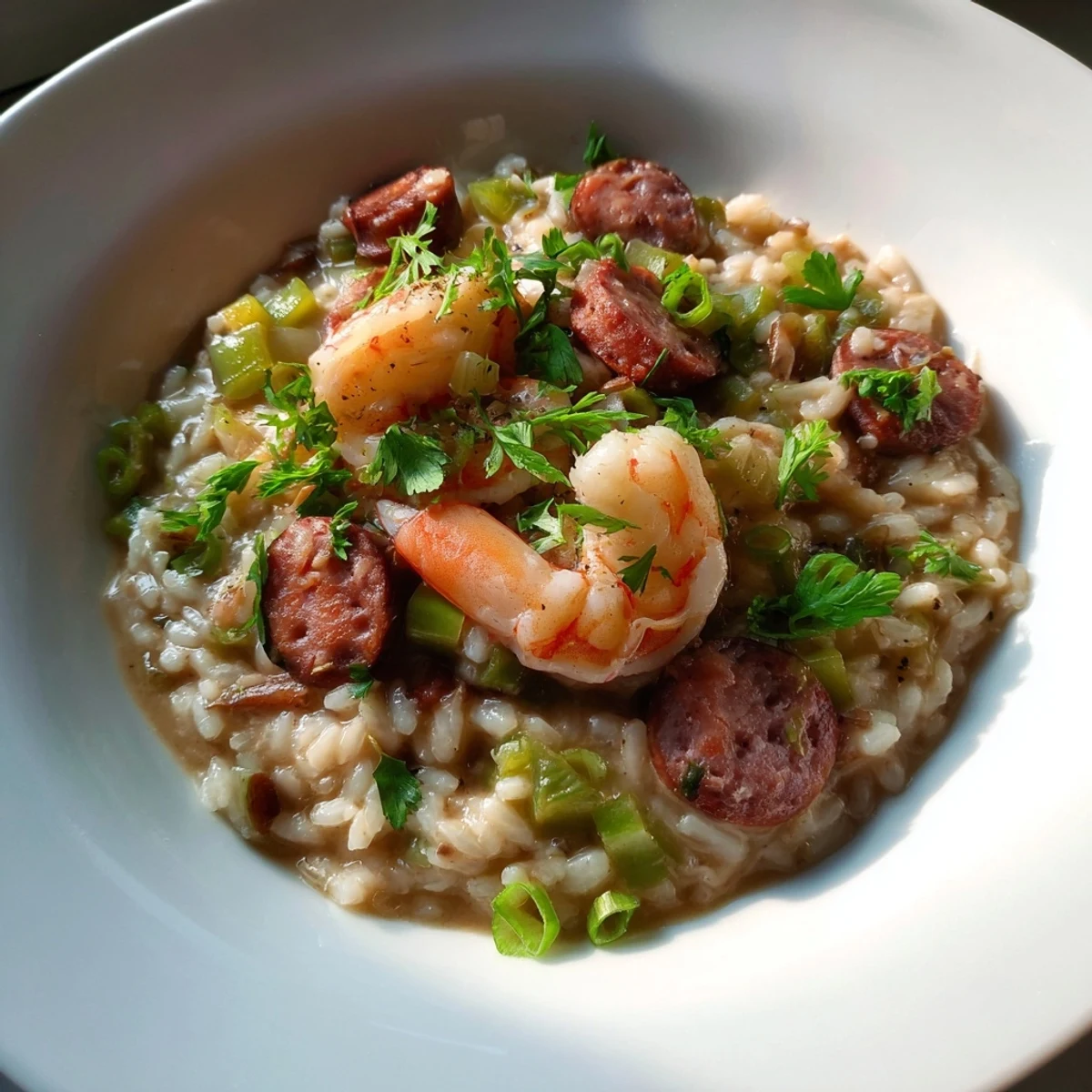 Steaming Creole Jambalaya Risotto with Shrimp andouille sausage in a creamy skillet garnished with fresh parsley and green onions.  
