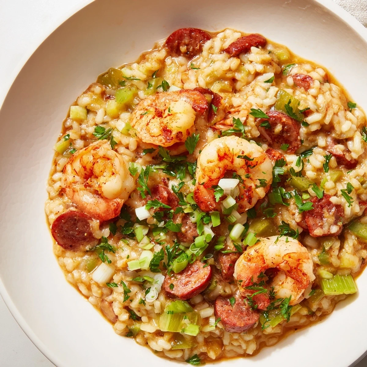 A close-up of Creole Jambalaya Risotto with Shrimp showcasing plump pink shrimp and smoky sausage nestled in velvety rice.  