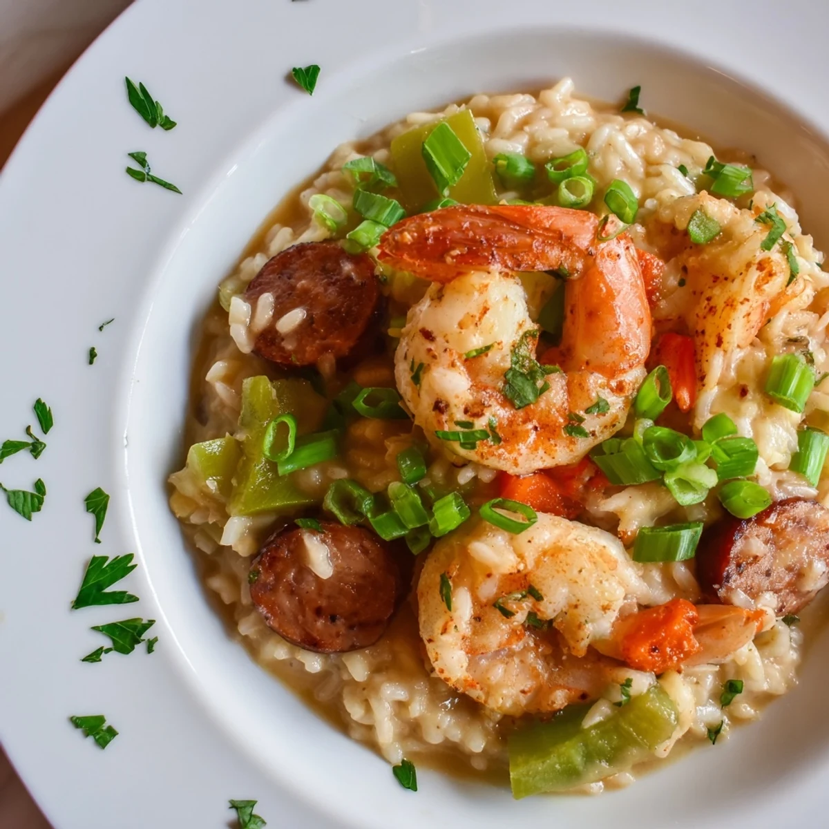 Serving suggestion for Creole Jambalaya Risotto with Shrimp plated alongside a crisp green salad and lemon wedge.