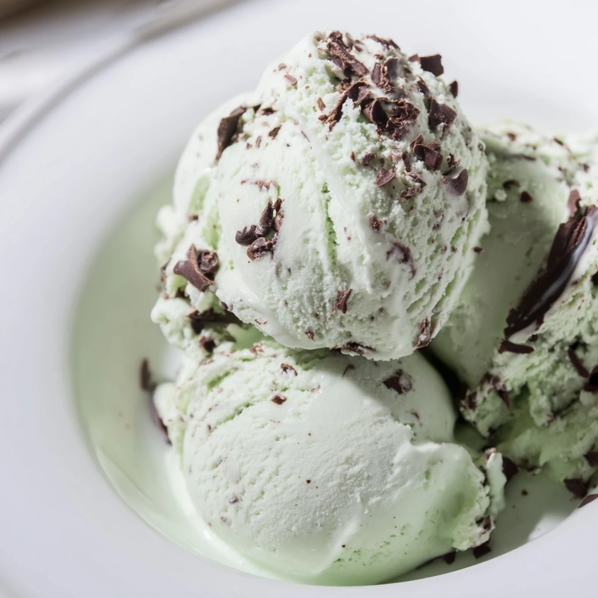 Creamy homemade Mint Chocolate Chip Ice Cream swirled with dark chocolate flecks, served in a chilled bowl.