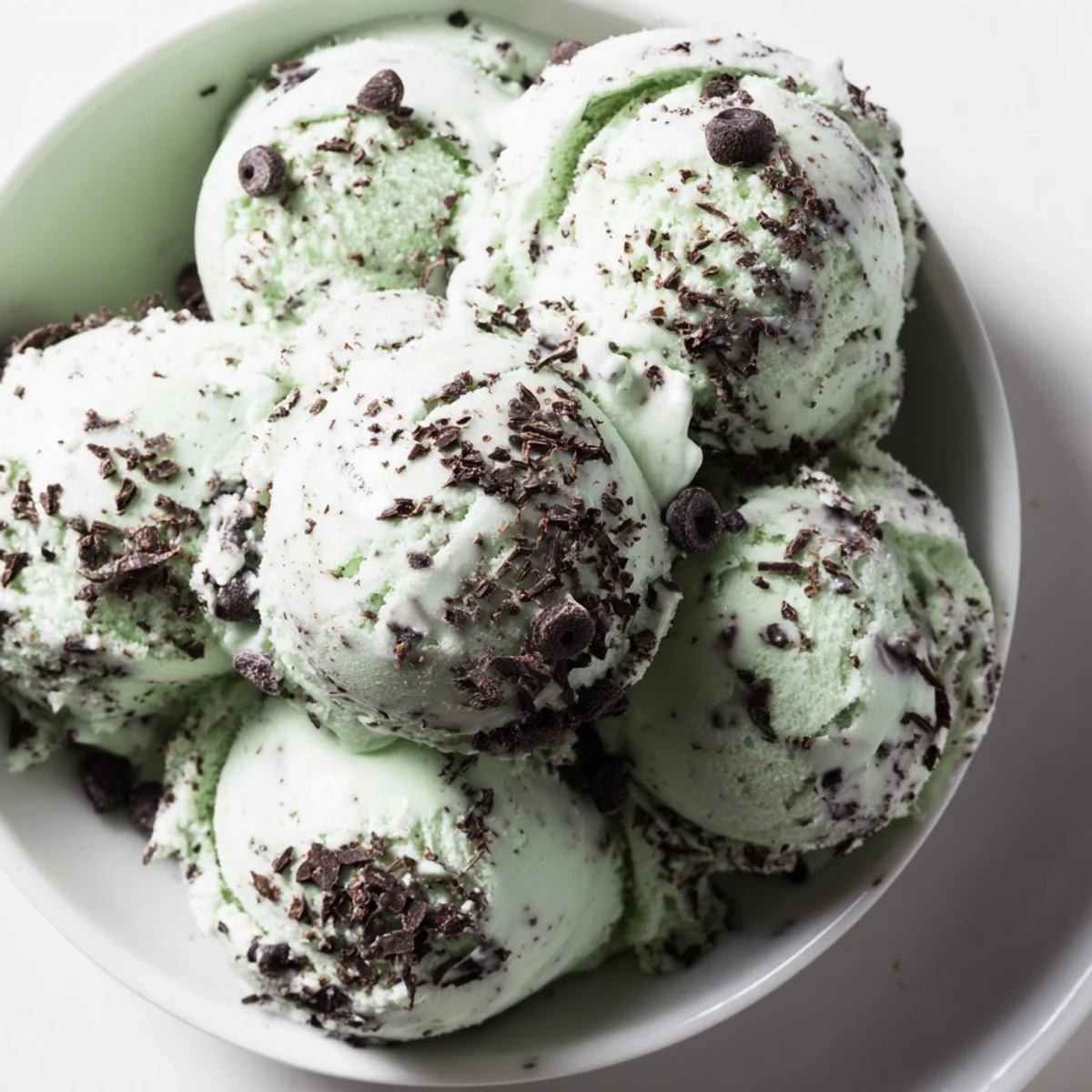 Mint Chocolate Chip Ice Cream with minty custard base and chopped chocolate chunks melting into creamy texture.