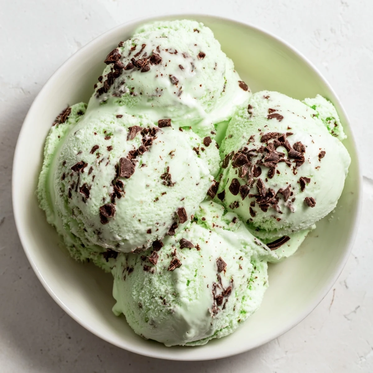 Homemade Mint Chocolate Chip Ice Cream featuring vibrant green hues and rich chocolate bits perfect for warm days.