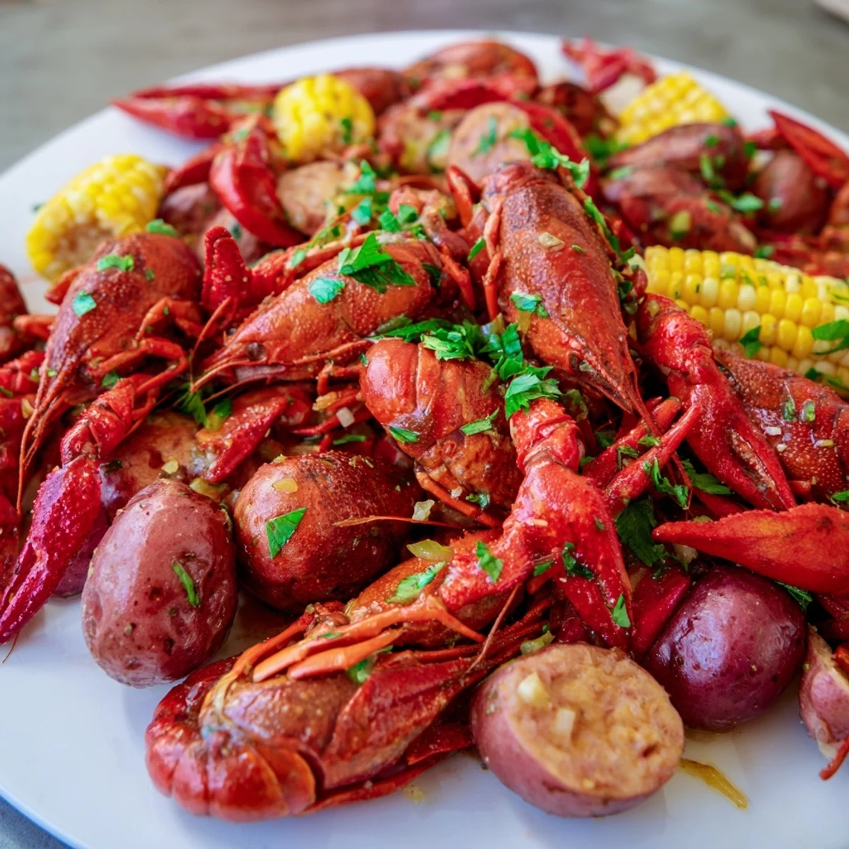 A close-up of a Louisiana-style crawfish boil, featuring bright red crawfish, golden potatoes, and spicy andouille sausage on a newspaper-lined table.