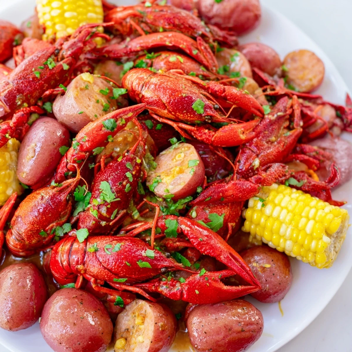 A steaming tray of crawfish boil, showcasing tender potatoes, sweet corn, and plump crawfish tossed in a zesty, aromatic broth.
