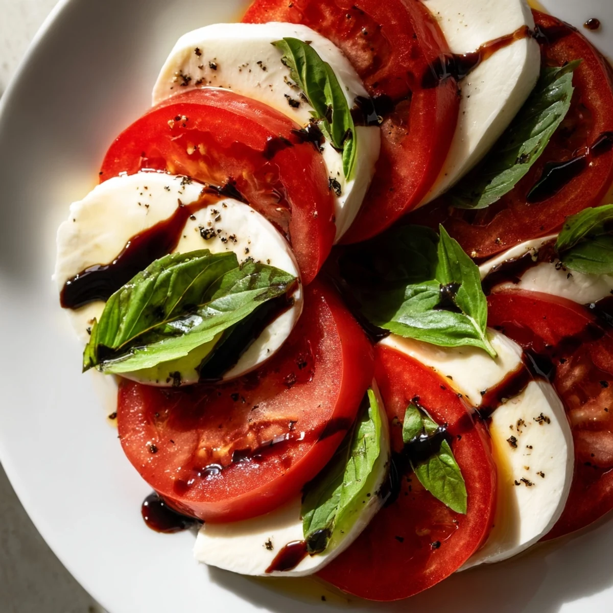 Elegant Heart Caprese Salad arranged with juicy tomato slices, creamy mozzarella hearts, and basil, finished with a glossy balsamic glaze perfect for special occasions or date night.